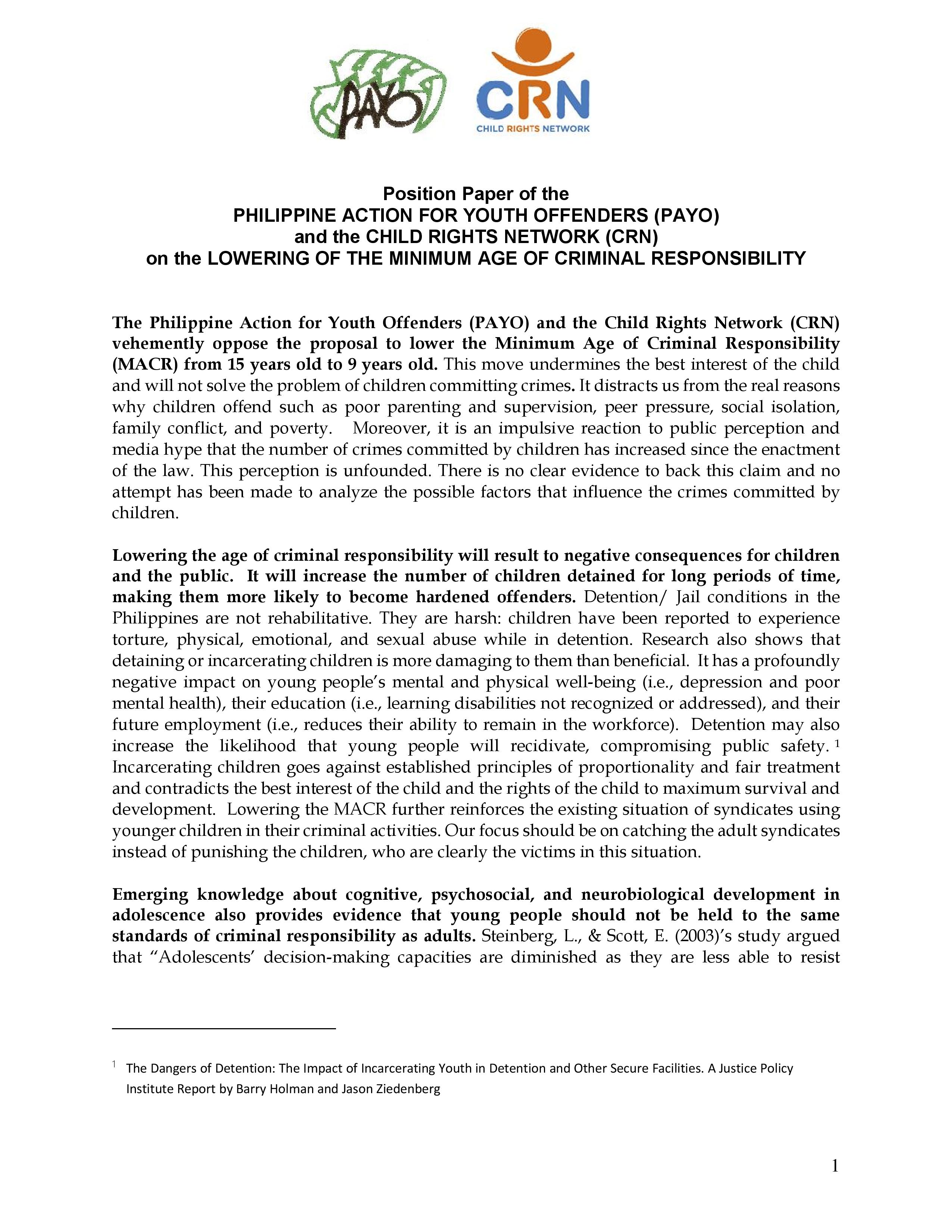 Position Paper Of The Philippine Action For Youth Offenders Payo And The Child Rights Network Crn On Lowering Of The Minimum Age Of Criminal Responsibility Child Rights Coalition Asia